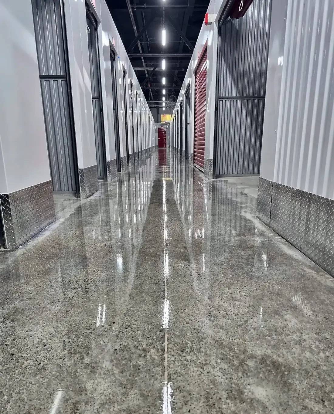 Polished concrete corridor in a self-storage facility
